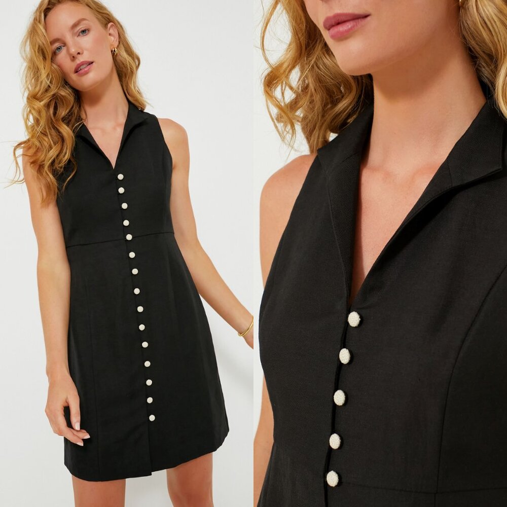 Tuckernuck NEW Black Leighton Linen Sleeveless Button Down Mini Dress Size M - Picture 3 of 11